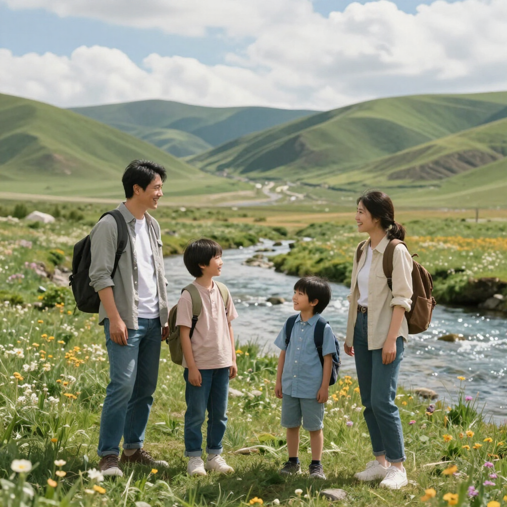 Una familia con mochilas permanece reunida junto a un arroyo en un valle de montaña verde y lleno de flores.