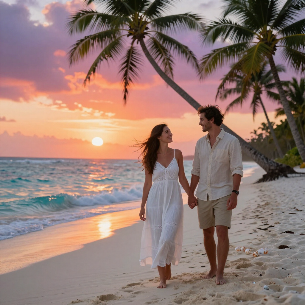 Una pareja, tomada de la mano y sonriendo, camina por una playa de arena 