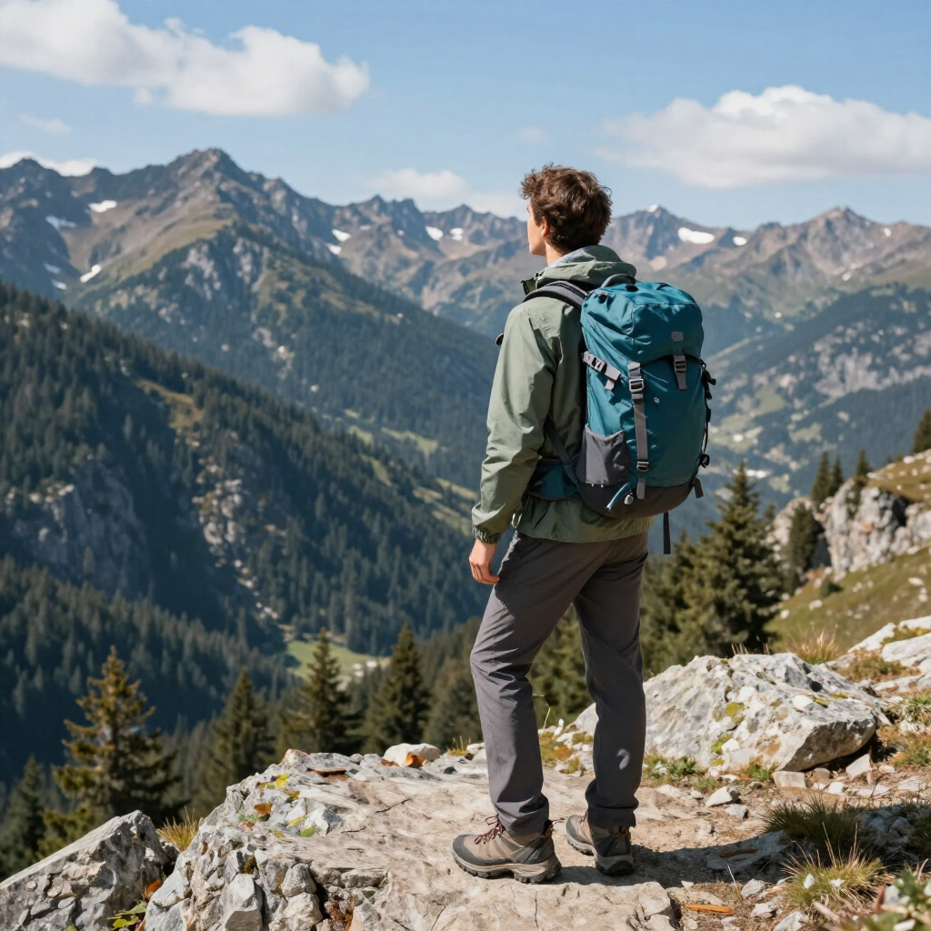 Un excursionista con una mochila azul se encuentra en la cresta rocosa de una montaña, contemplando un vasto valle.