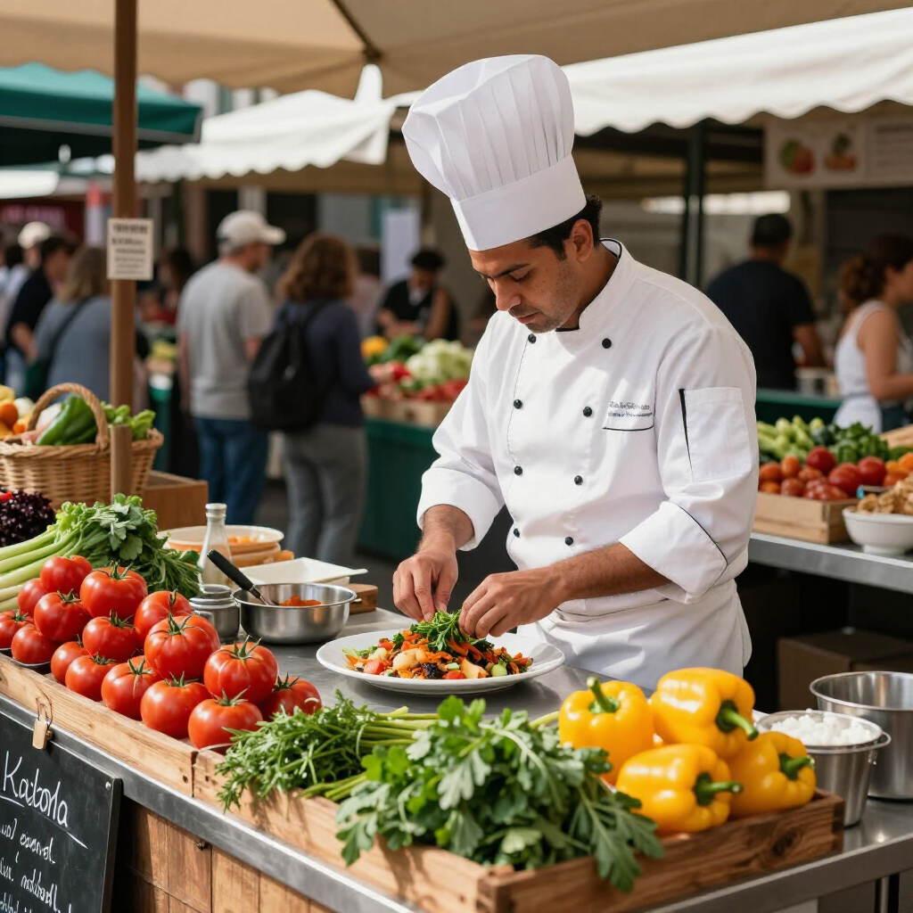 Un chef con uniforme blanco prepara un plato en un bullicioso mercado de agricultores al aire libre