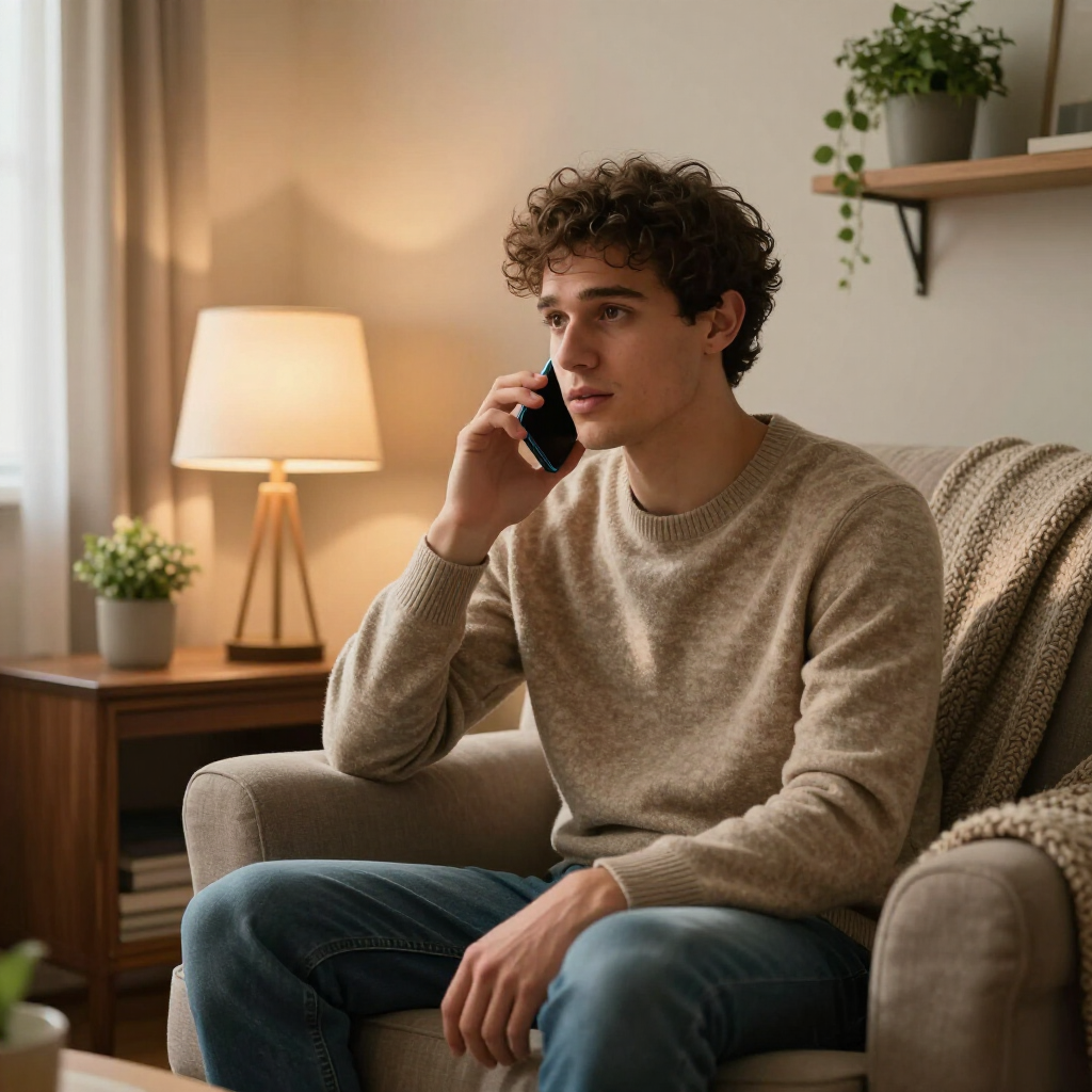 Una persona con cabello rizado y un suéter color canela está sentada en un sillón hablando por teléfono