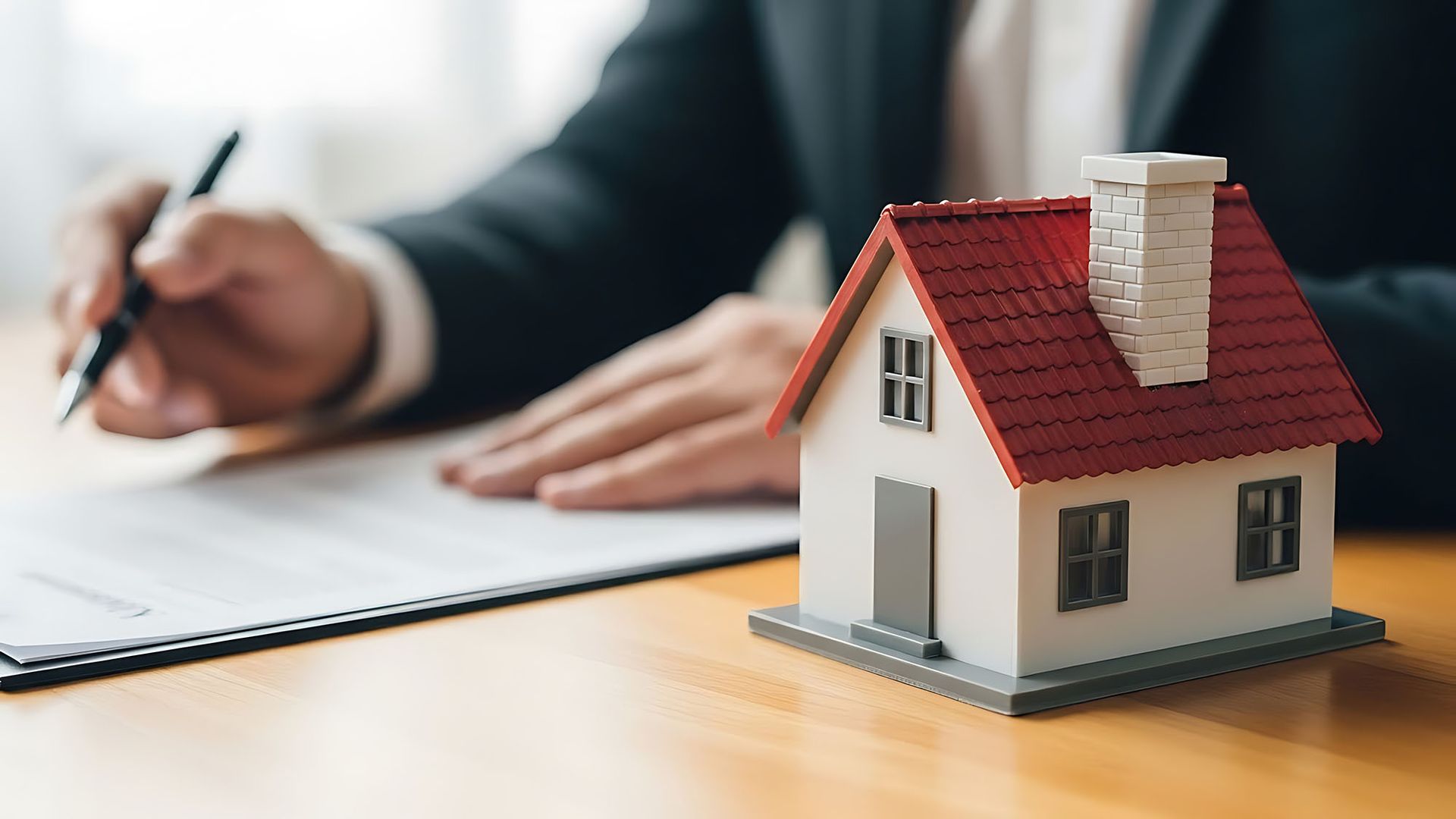 Residential real estate attorney reviewing property contract with house model on desk.