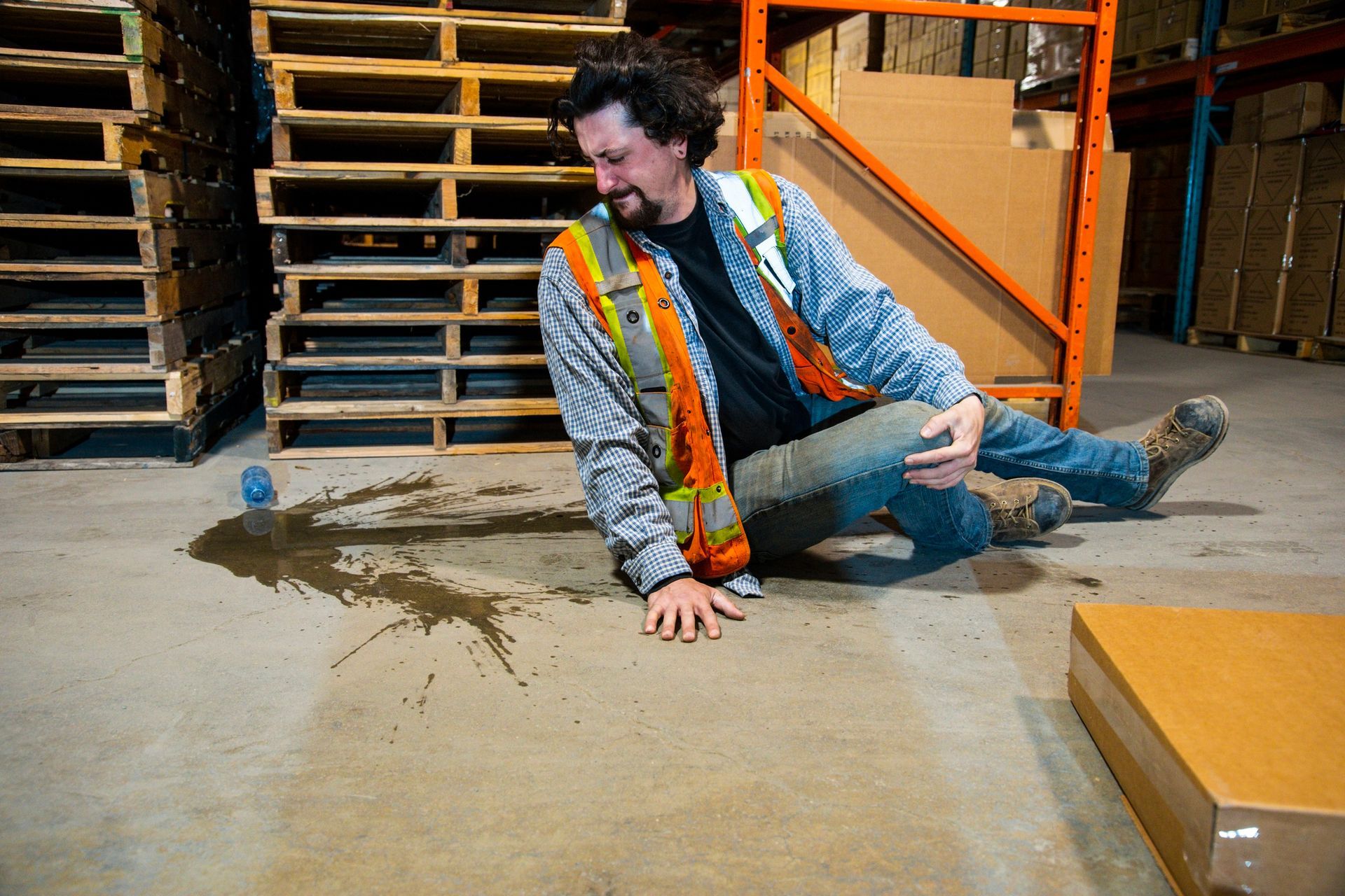 A warehouse employee risks injury by slipping on a plastic water bottle at work