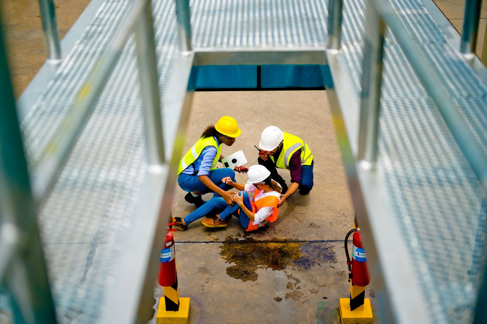 Two workers assist a man lying on the ground, surrounded by tools and equipment in an outdoor setting.