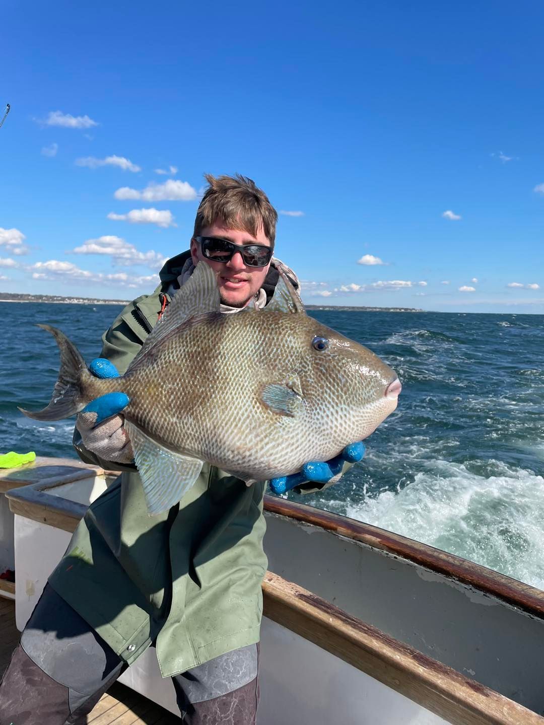 Person on a boat holding a large gray fish against a bright blue ocean and sky.