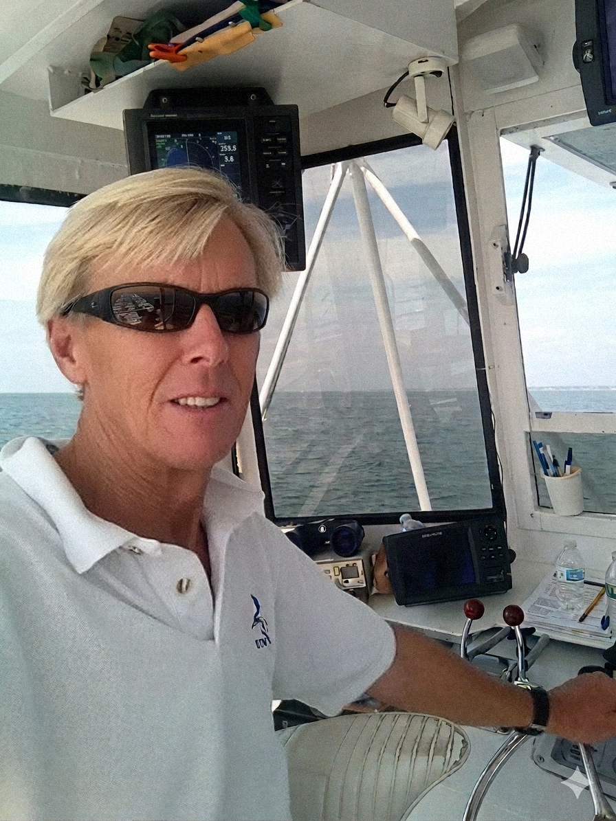 A person with blonde hair wearing sunglasses and a white polo shirt at the helm of a boat with the ocean in the background.
