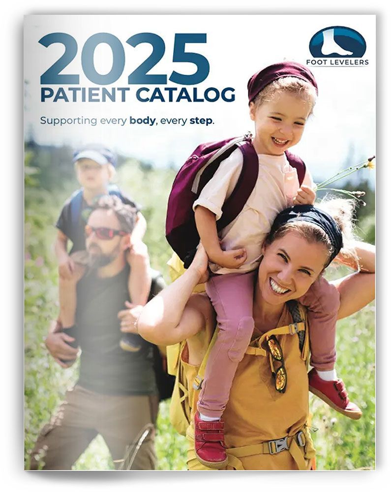2025 patient catalog cover. A family hikes in nature. A woman carries a child on her shoulders, smiling.