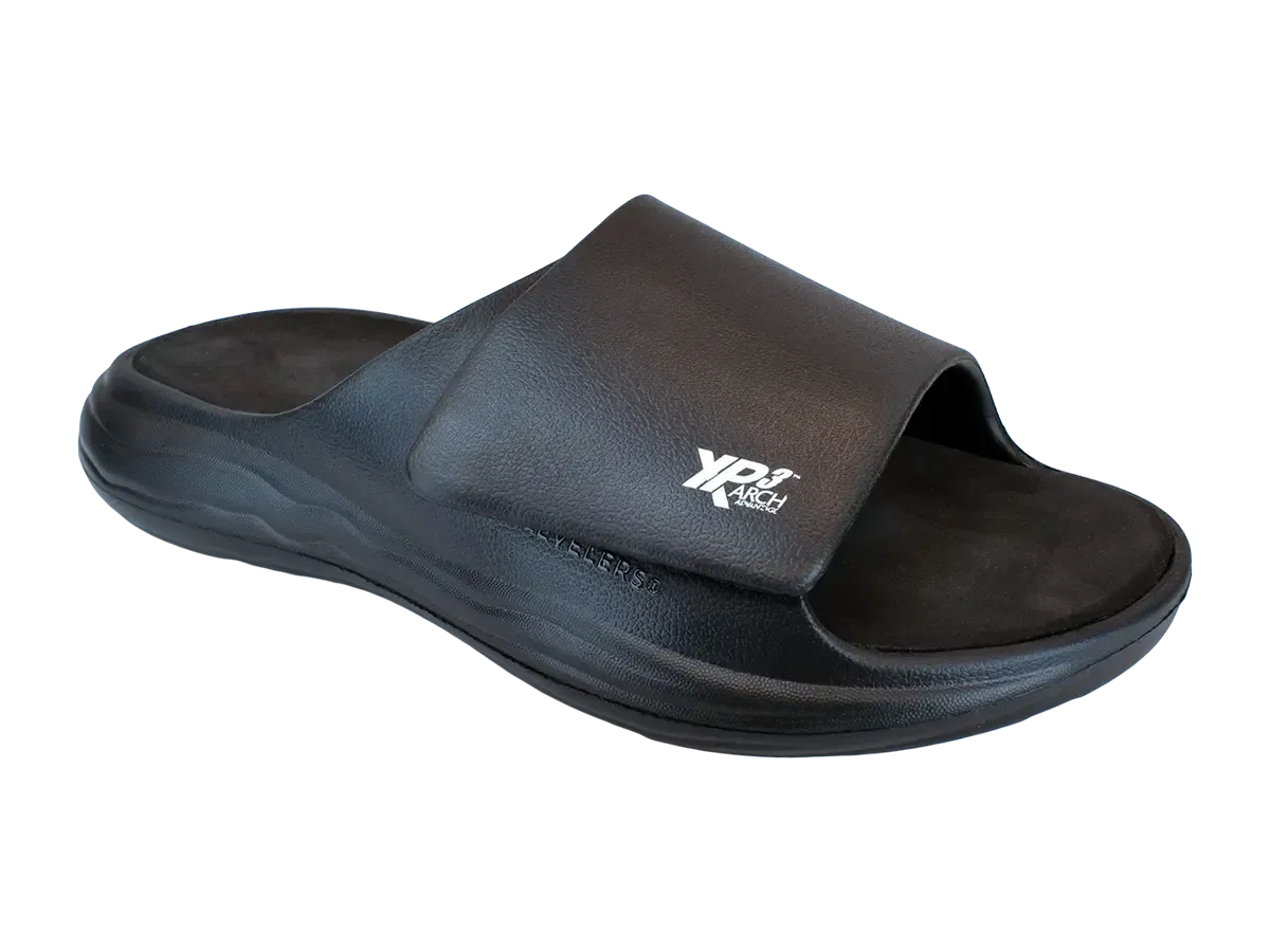 Black slide sandal with contoured sole and brand logo.