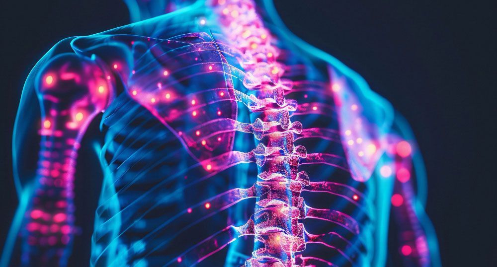 Glowing, transparent view of a human torso showing bones and joints, highlighted in pink and red.