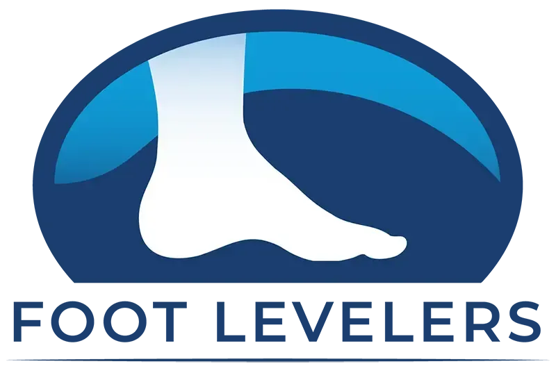 Blue logo with white foot inside a blue oval, text