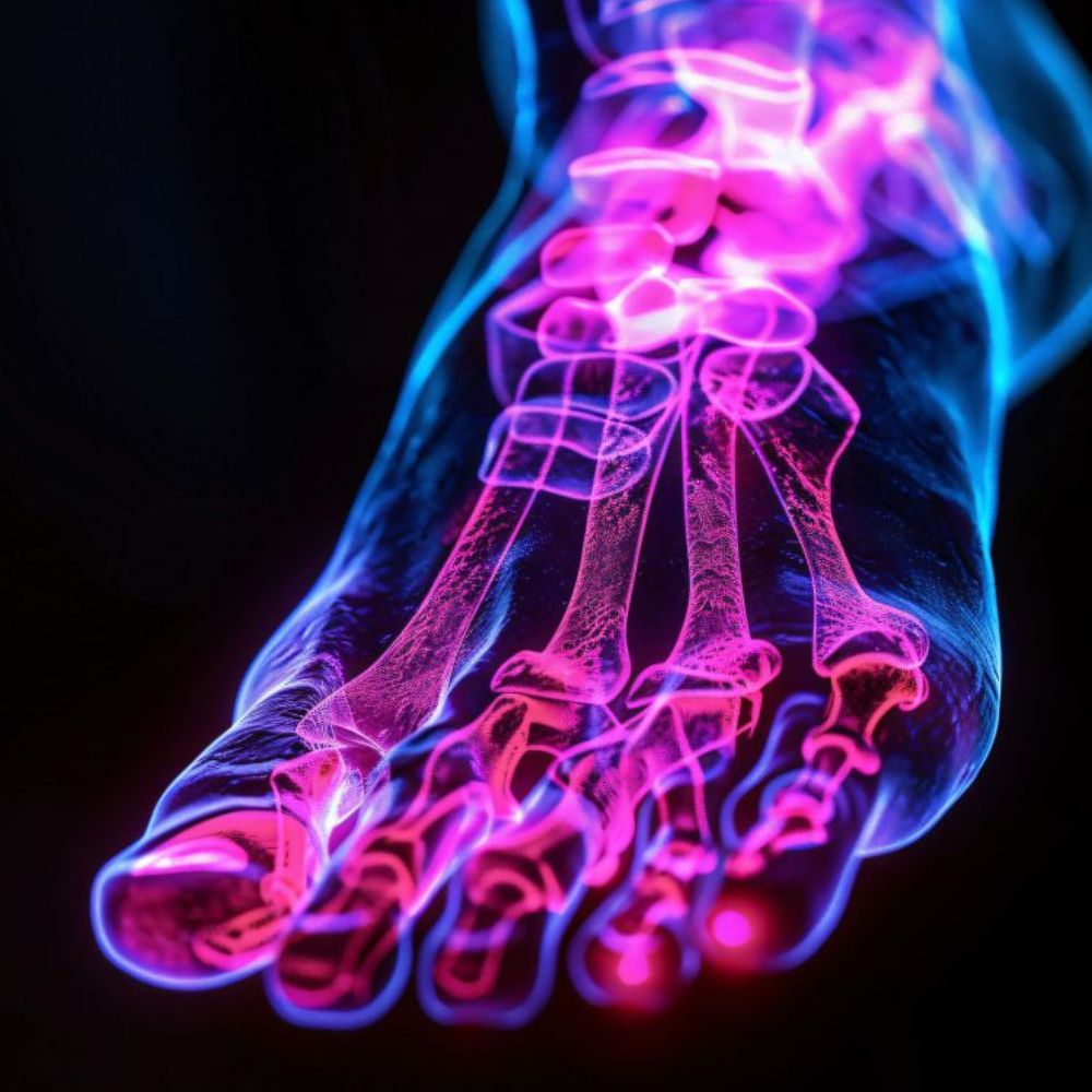 Glowing, transparent view of a human foot showing bones and joints, highlighted in pink and red.