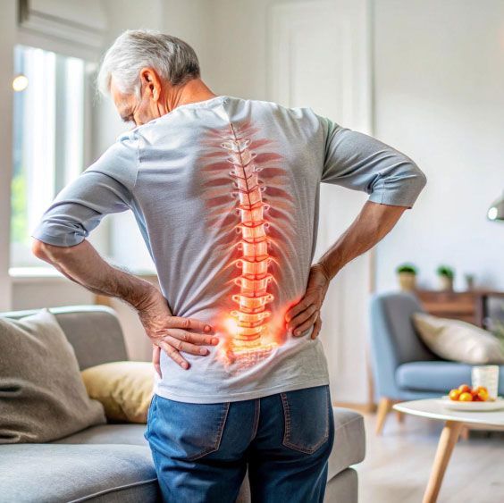 Glowing, transparent view of a human foot showing bones and joints, highlighted in pink and red.