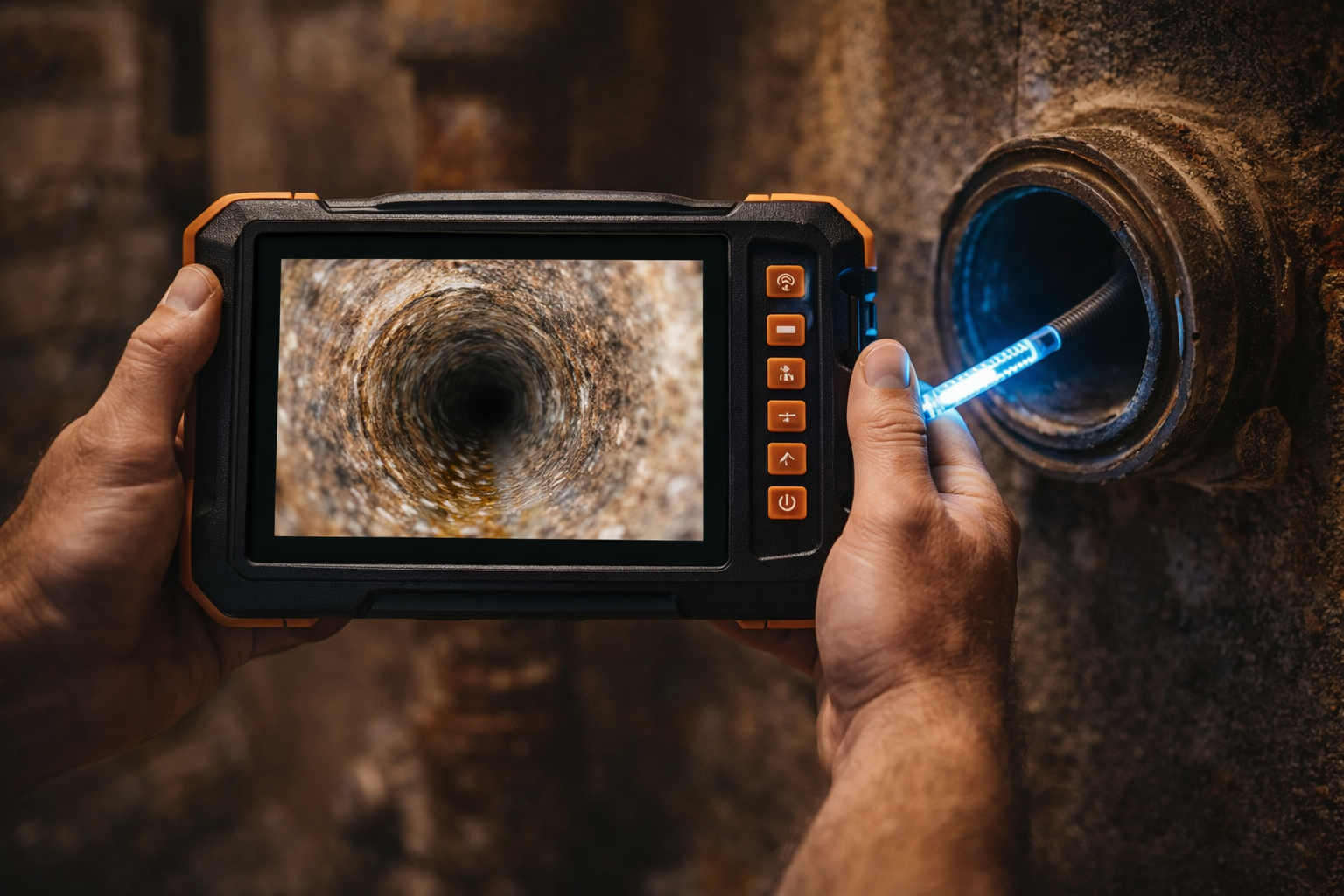 Hands hold a digital inspection camera, displaying a view inside a pipe while a cable is inserted into a pipe opening.