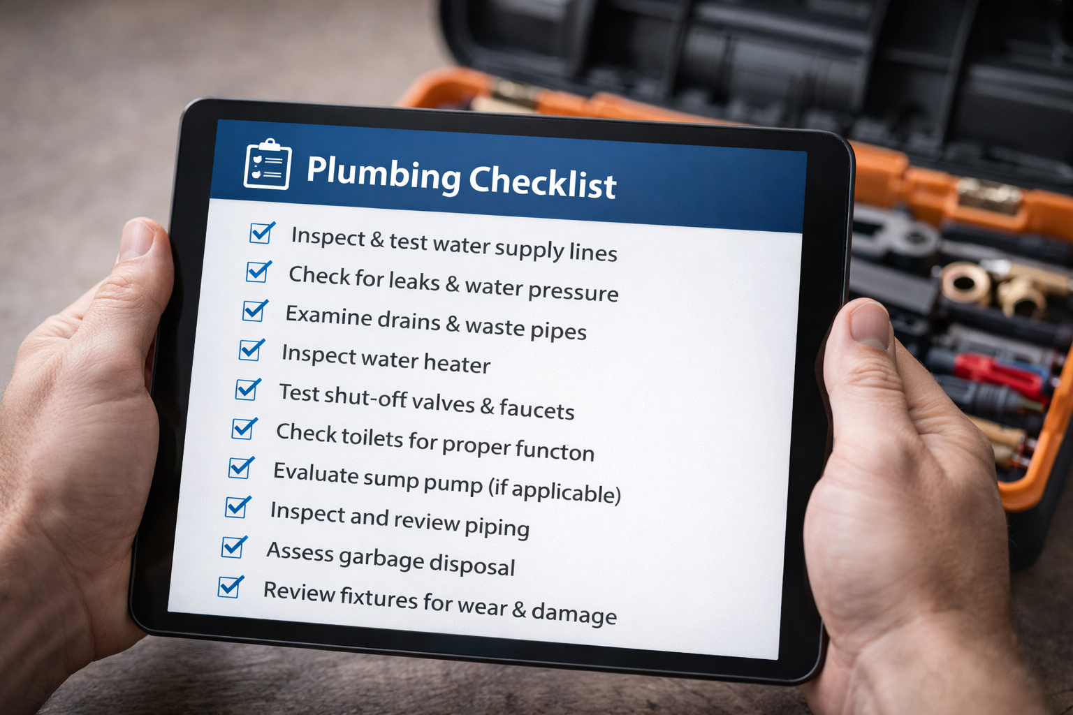 Hands hold a tablet displaying a plumbing checklist with ten checked items, with a toolbox in the background.