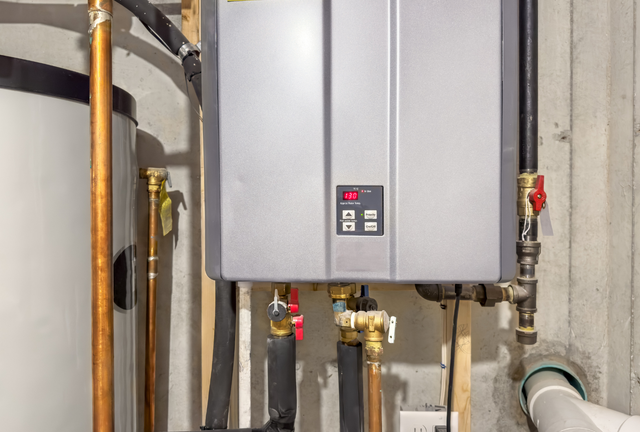 A wall-mounted tankless water heater with a digital display, pipes, and valves in a utility room setting.