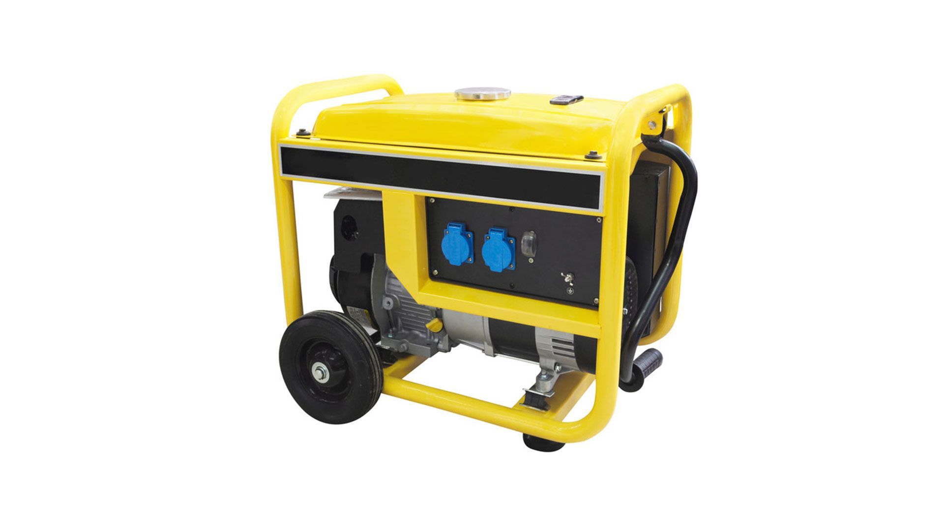 A yellow and black generator with wheels on a white background.