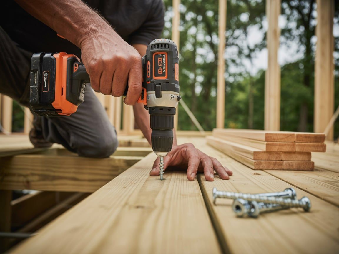 Man using a drill to screw a board onto a wooden deck, outdoors.