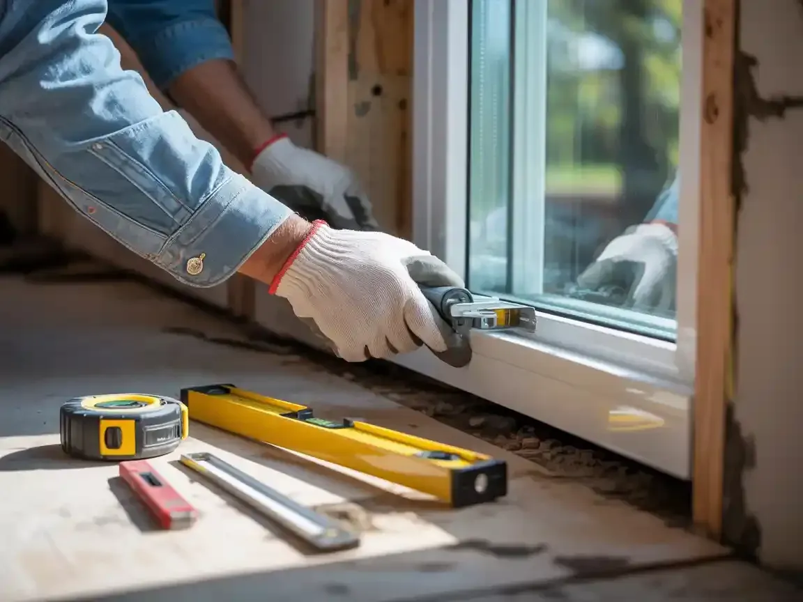 Person installing a white window frame with tools in a partially constructed wall.