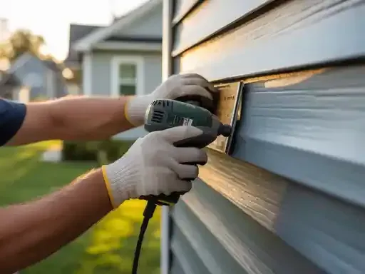 Person wearing gloves sanding blue vinyl siding on a house with a power sander.