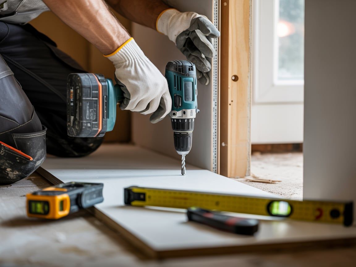 A person in gloves using a drill to install drywall near a door frame, tools in the foreground.