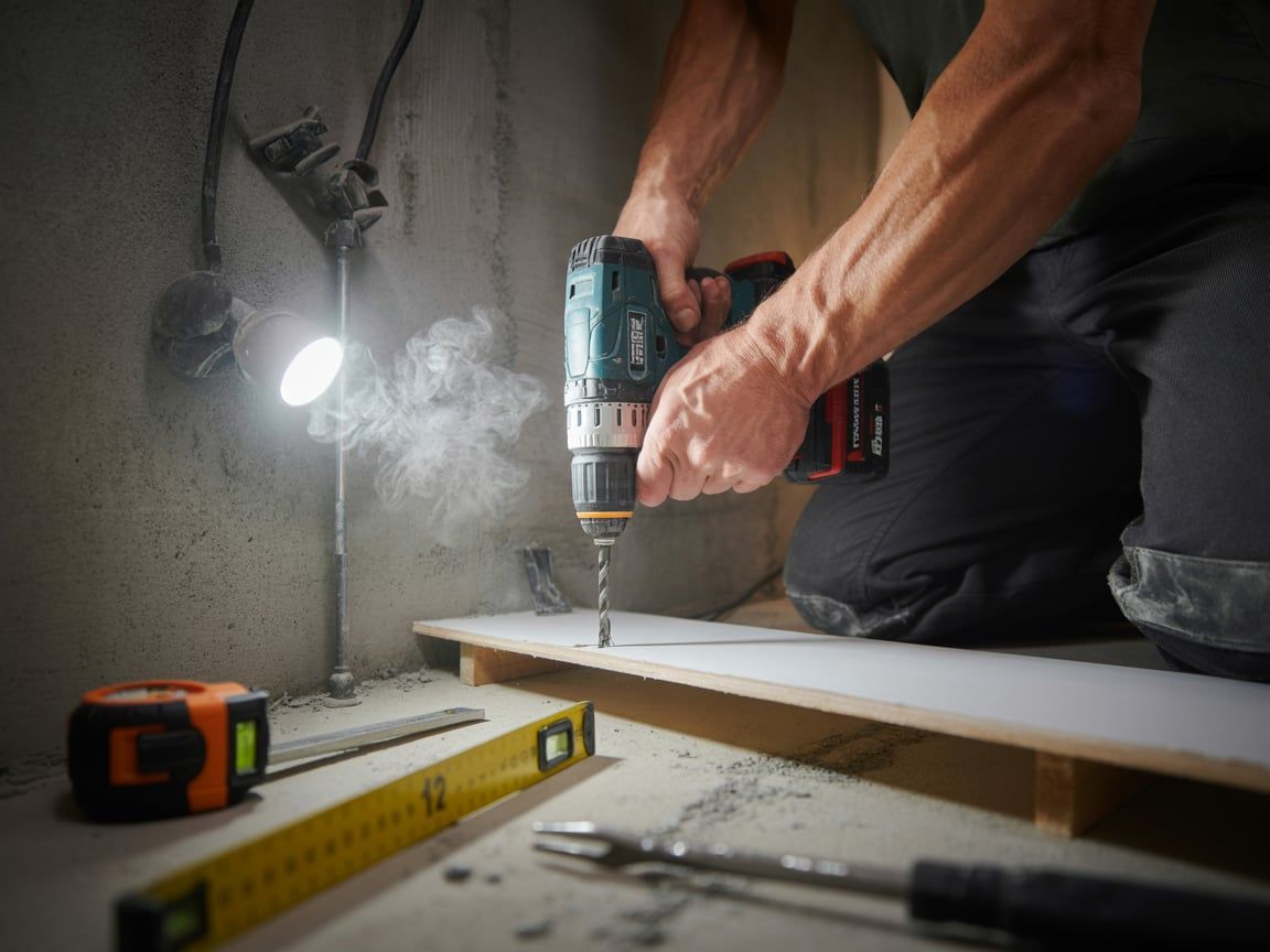Person kneels, drilling into wood in a dimly lit space. Tools and a work light are in the foreground.