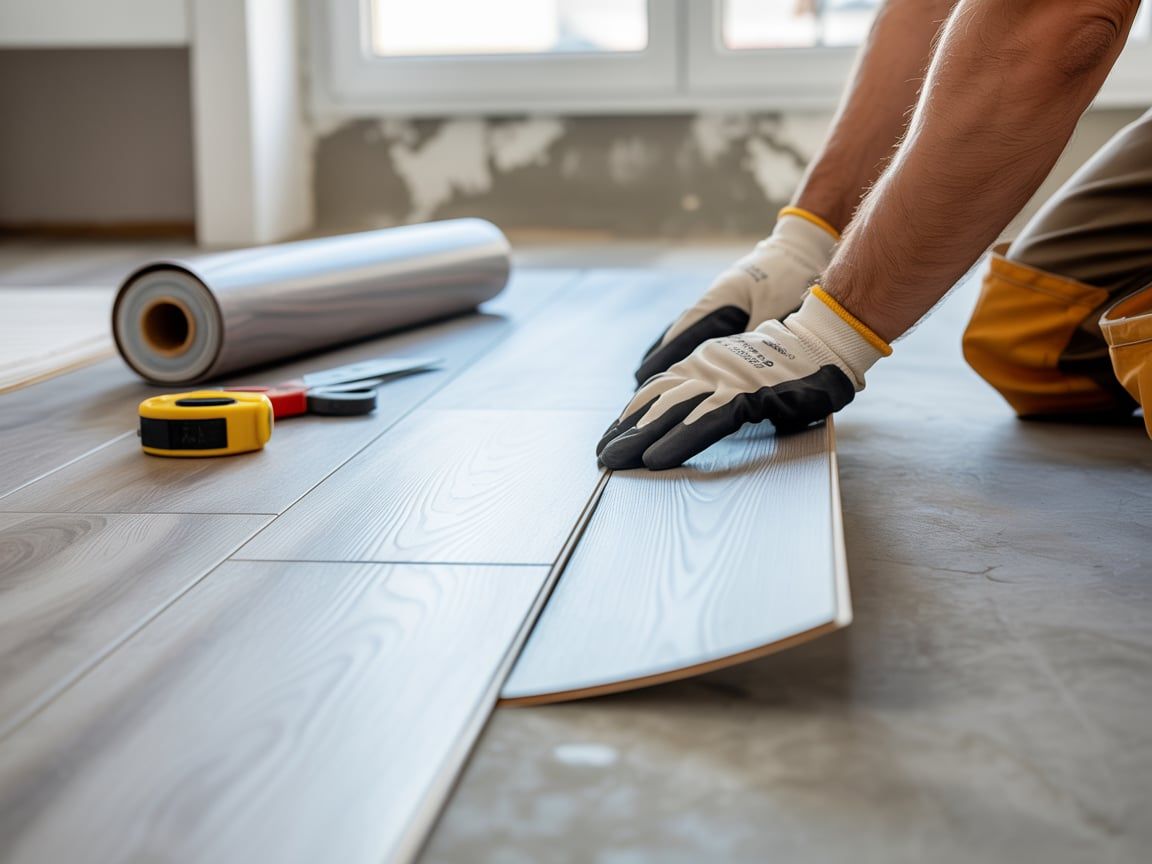 Person installing light gray laminate flooring with gloves.