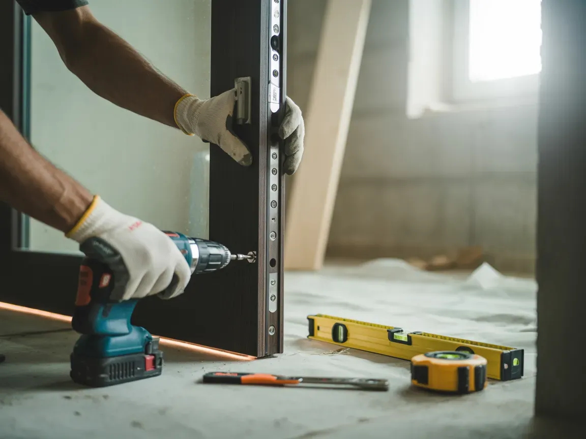 Person wearing gloves uses a power drill on a door frame in a construction setting.