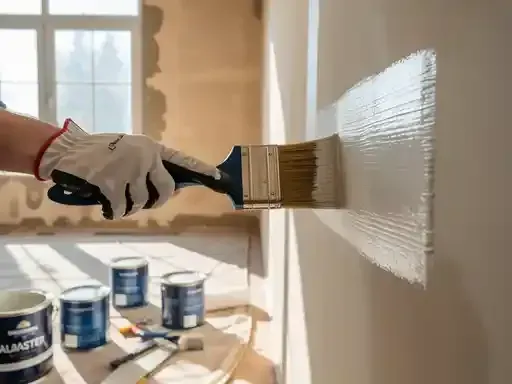 Hand with brush painting a white stripe on a wall indoors, cans of paint are nearby.