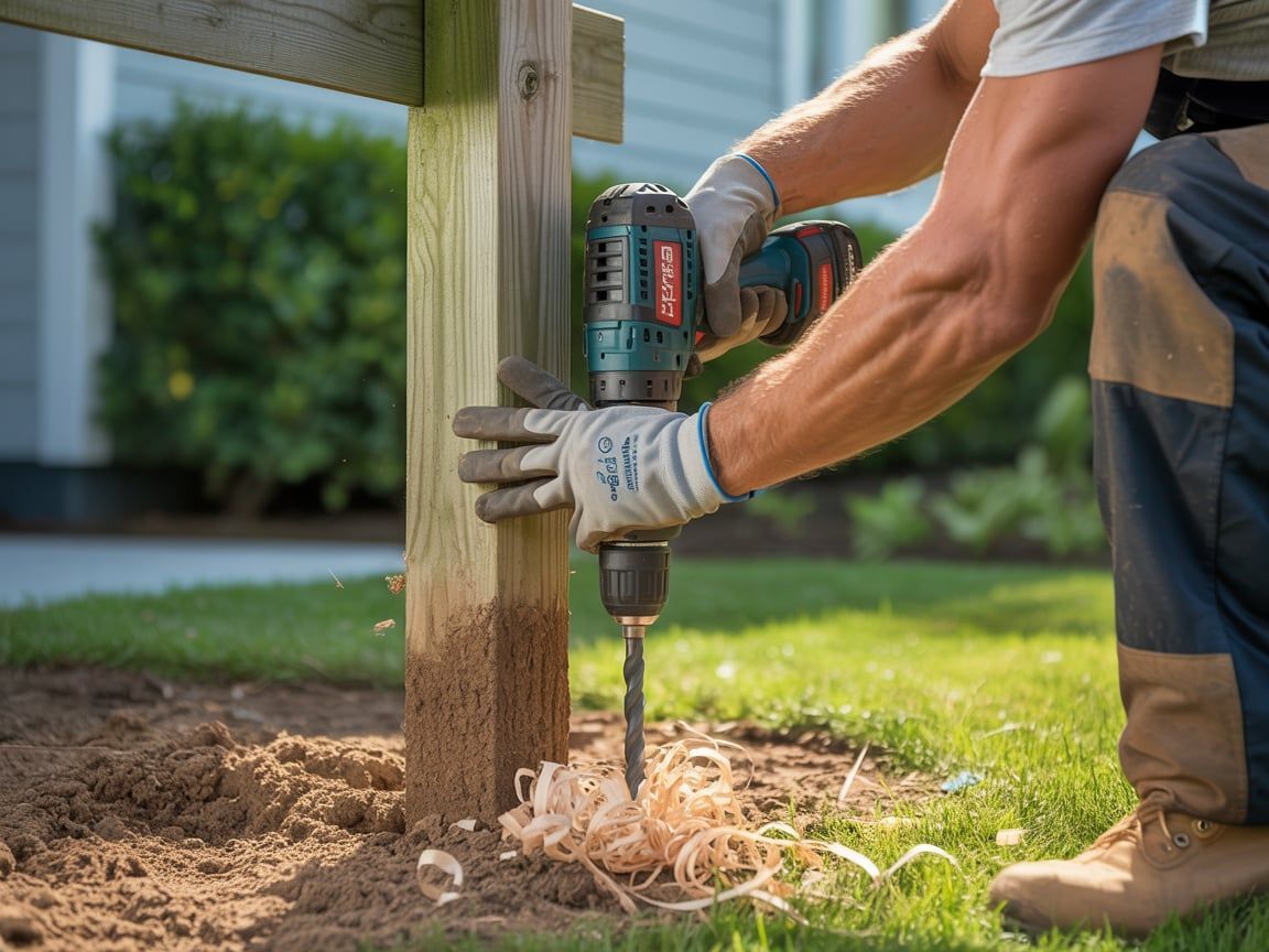 Man using a drill on a wooden post in a grassy yard.