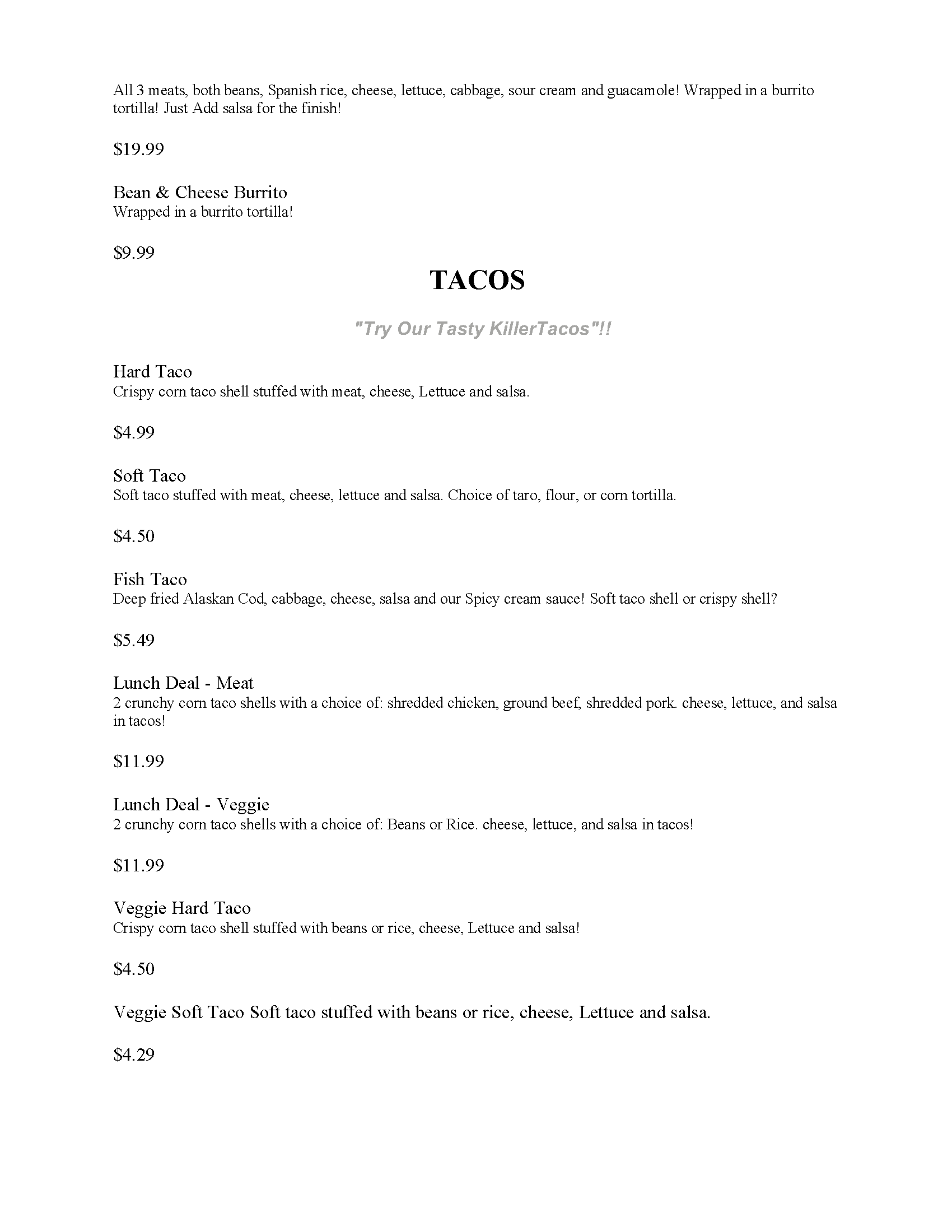 Taco menu: text on white background, listing taco types and ingredients, including 