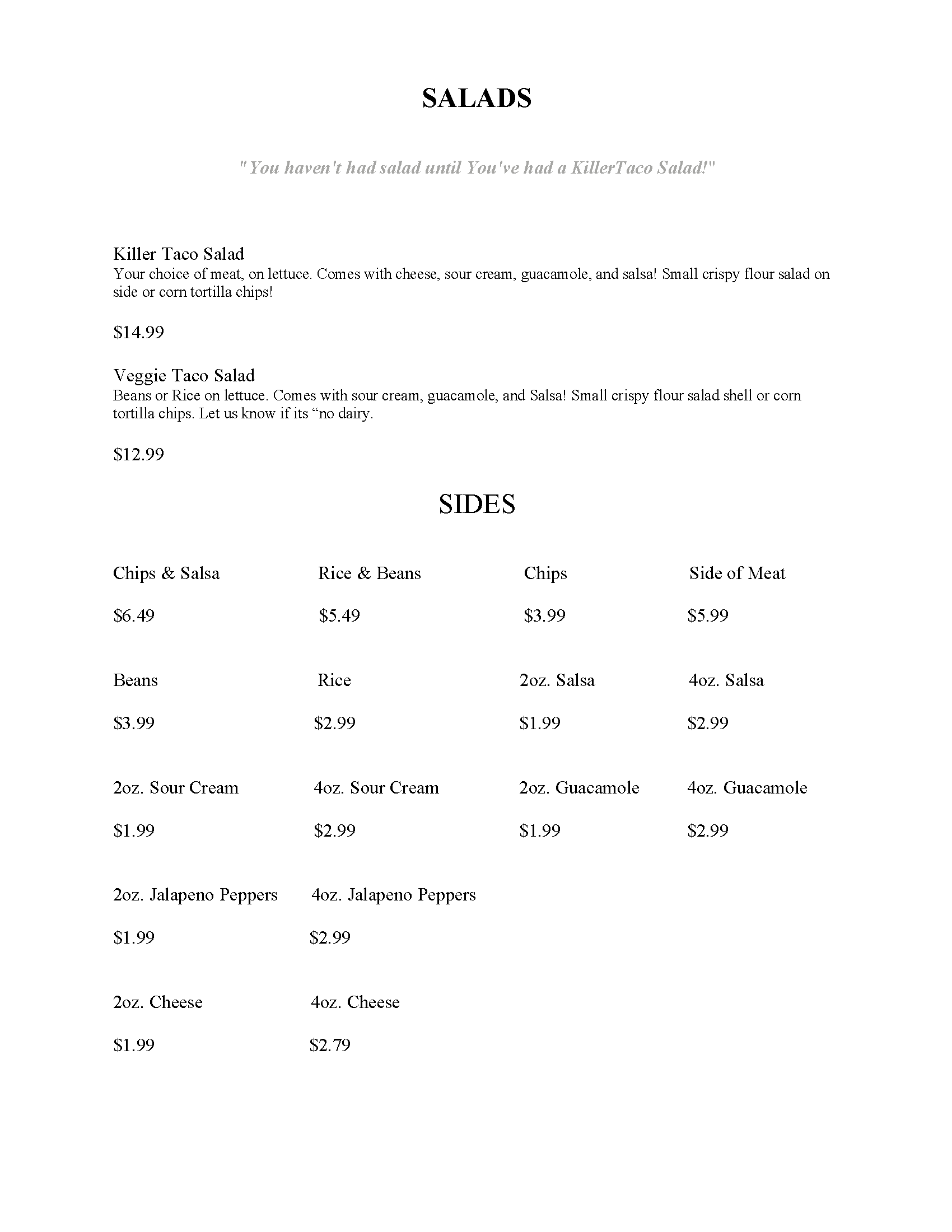 Menu for a restaurant called 