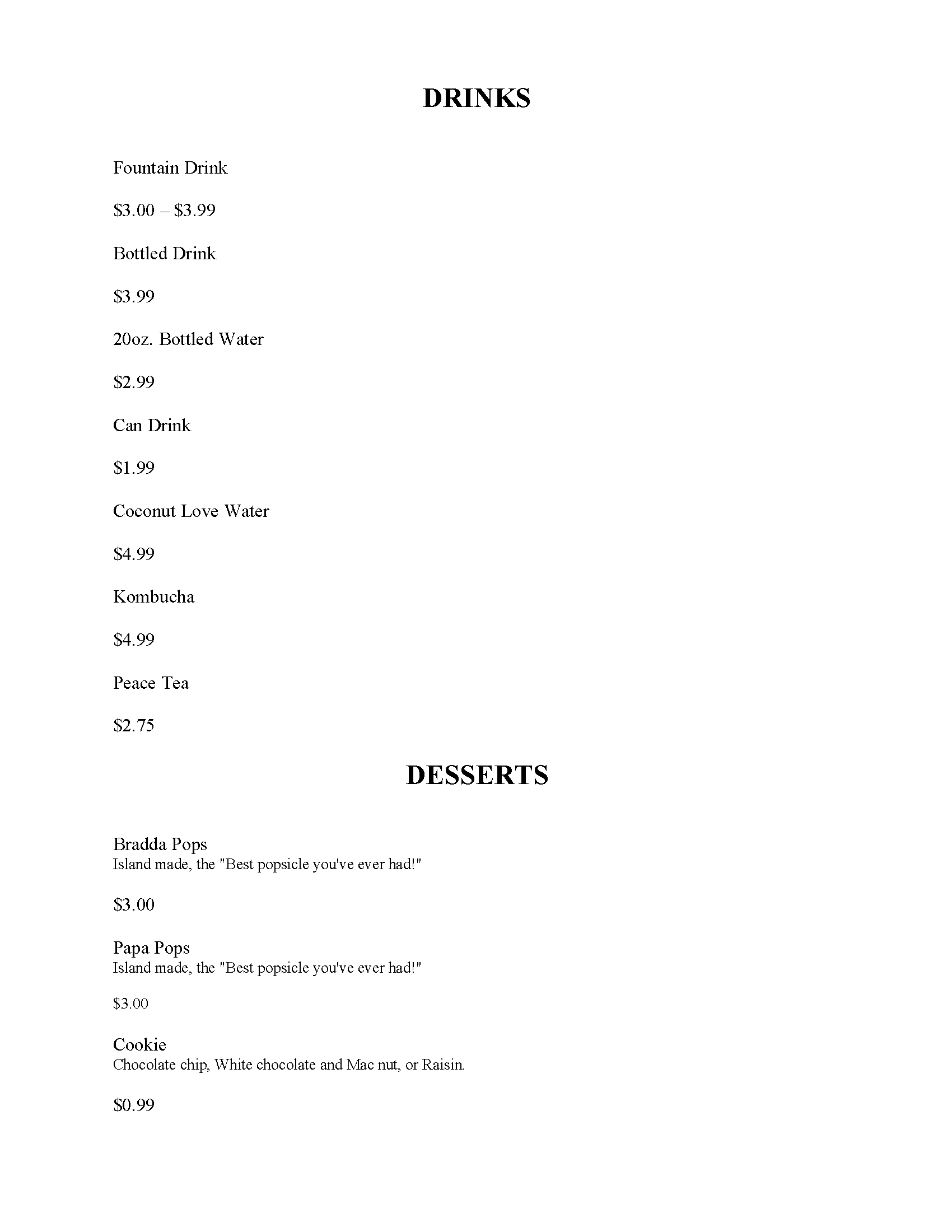 Menu: Drinks and Desserts, white background, black text.