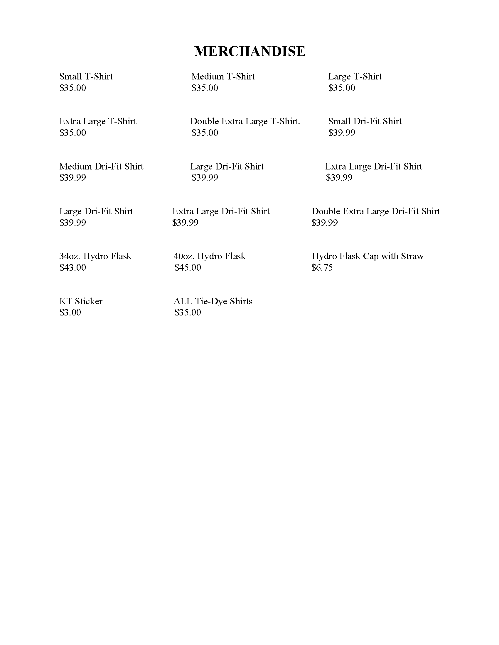 Memorandum list with different entries.