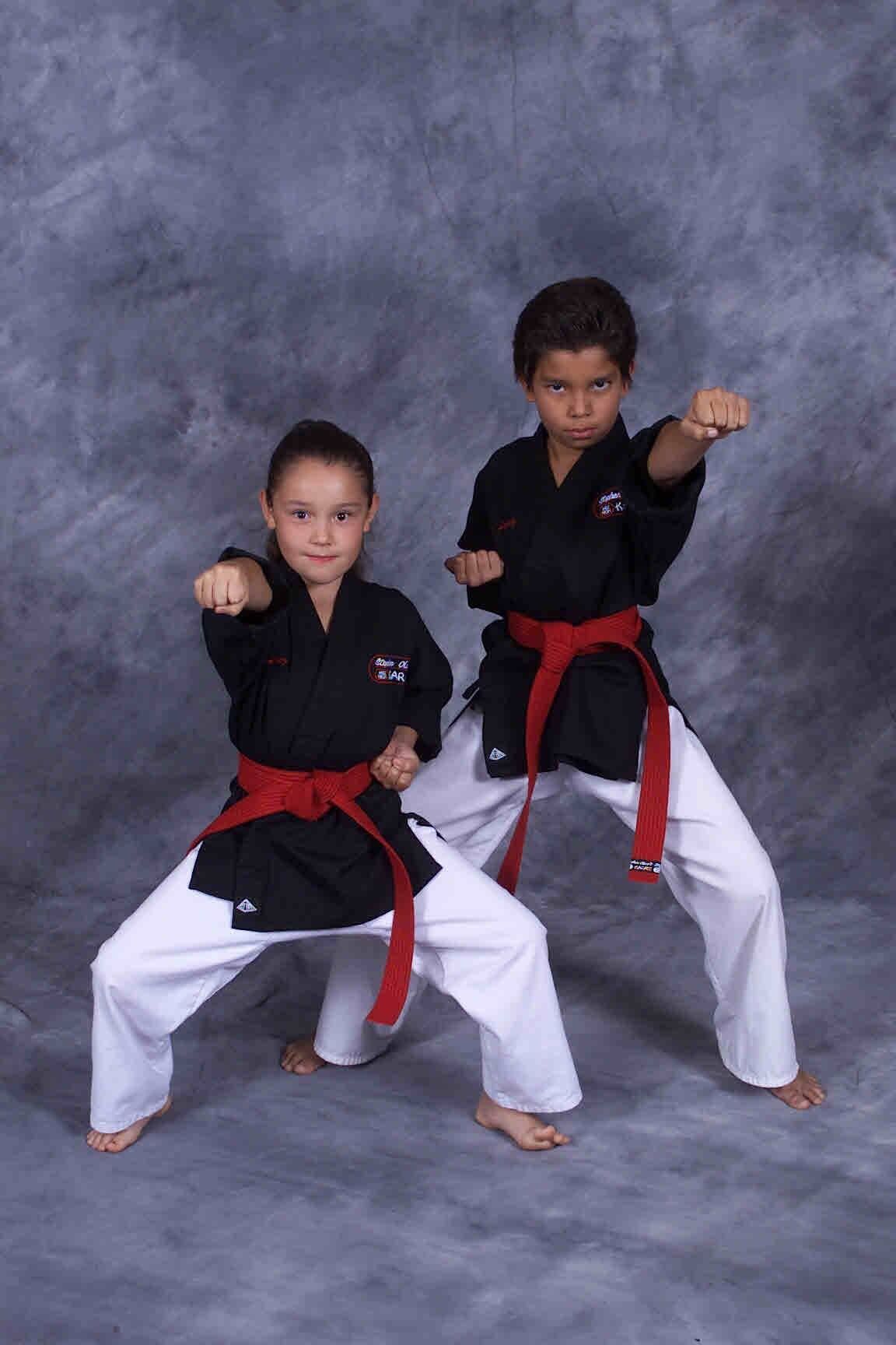 Two young boys in karate uniforms with red belts