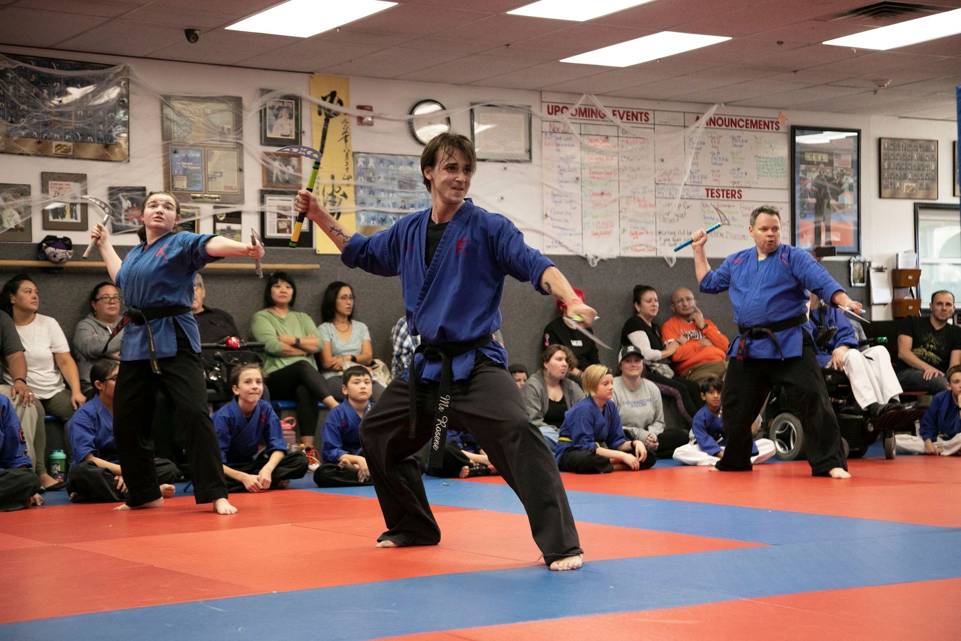 A group of people are practicing martial arts in a gym.