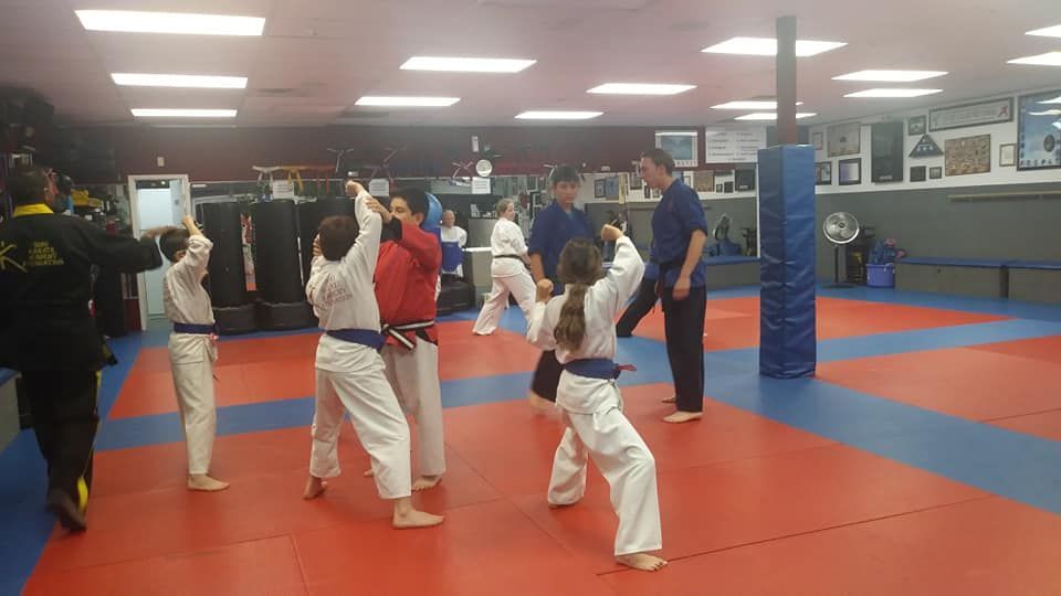 A group of children are practicing martial arts in a gym.