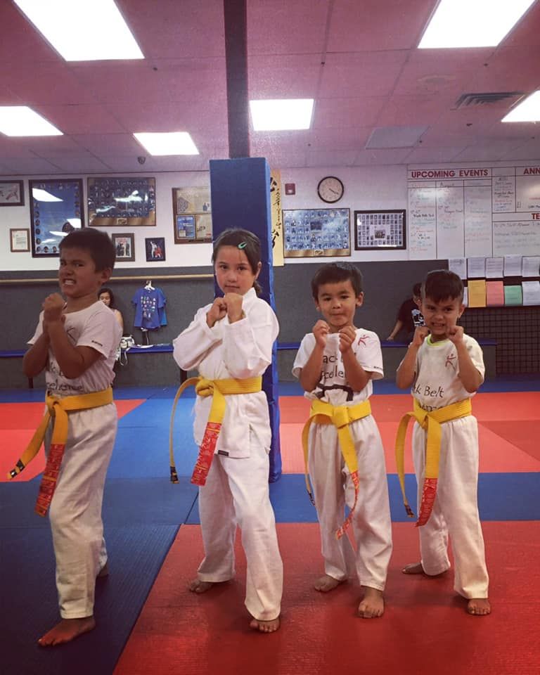 A group of young boys are practicing martial arts in a gym.