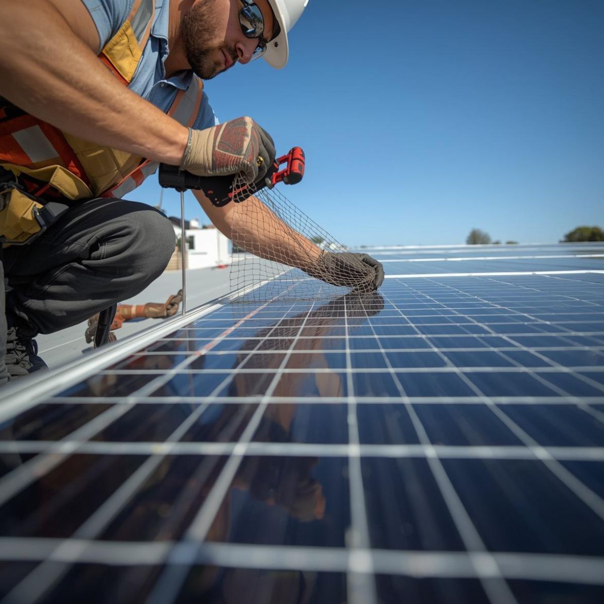 A worker in a hard hat and safety vest installs wire mesh bird-proofing along the edge of rooftop solar panels.