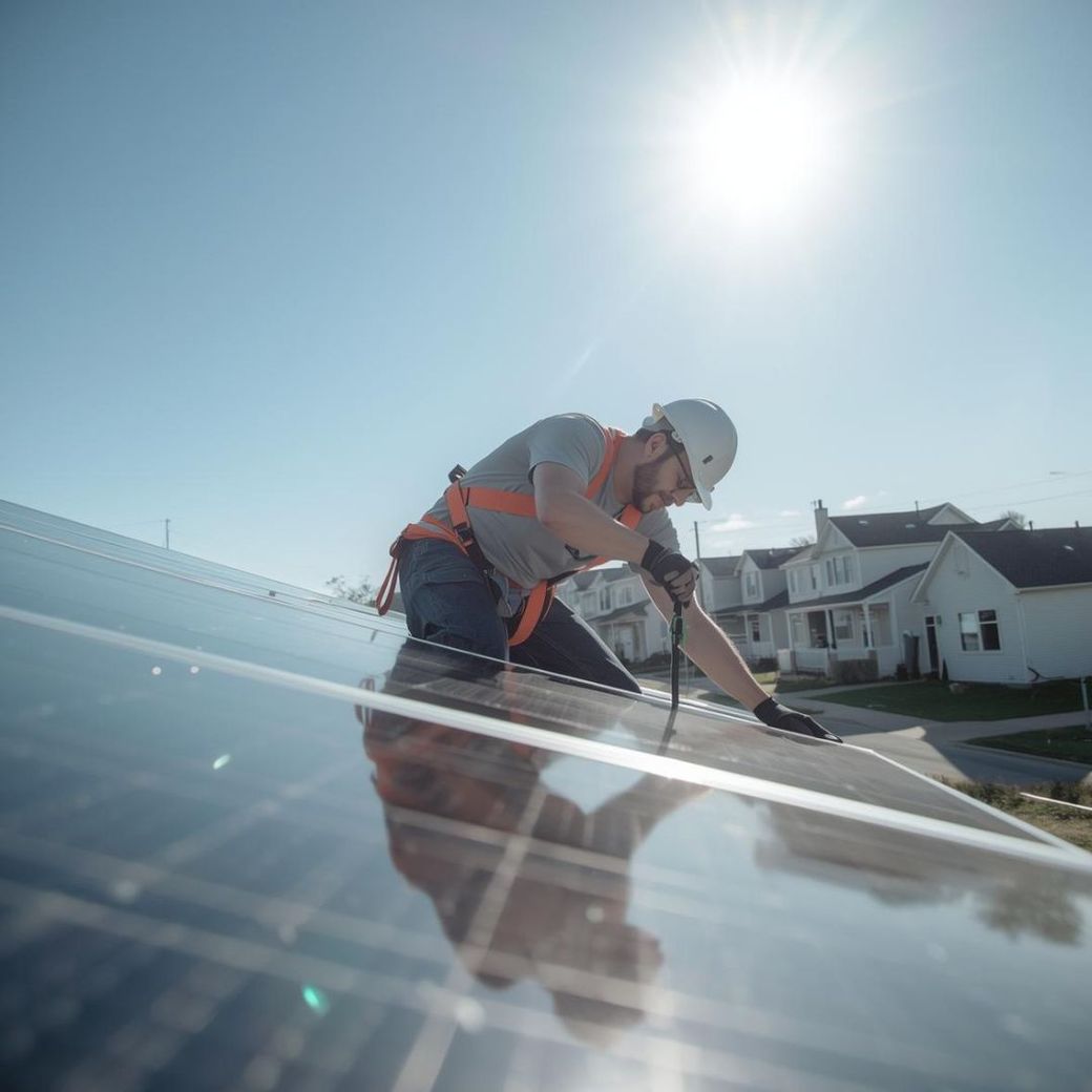 A worker in a white hard hat and safety harness installs solar panels on a sunny residential roof.