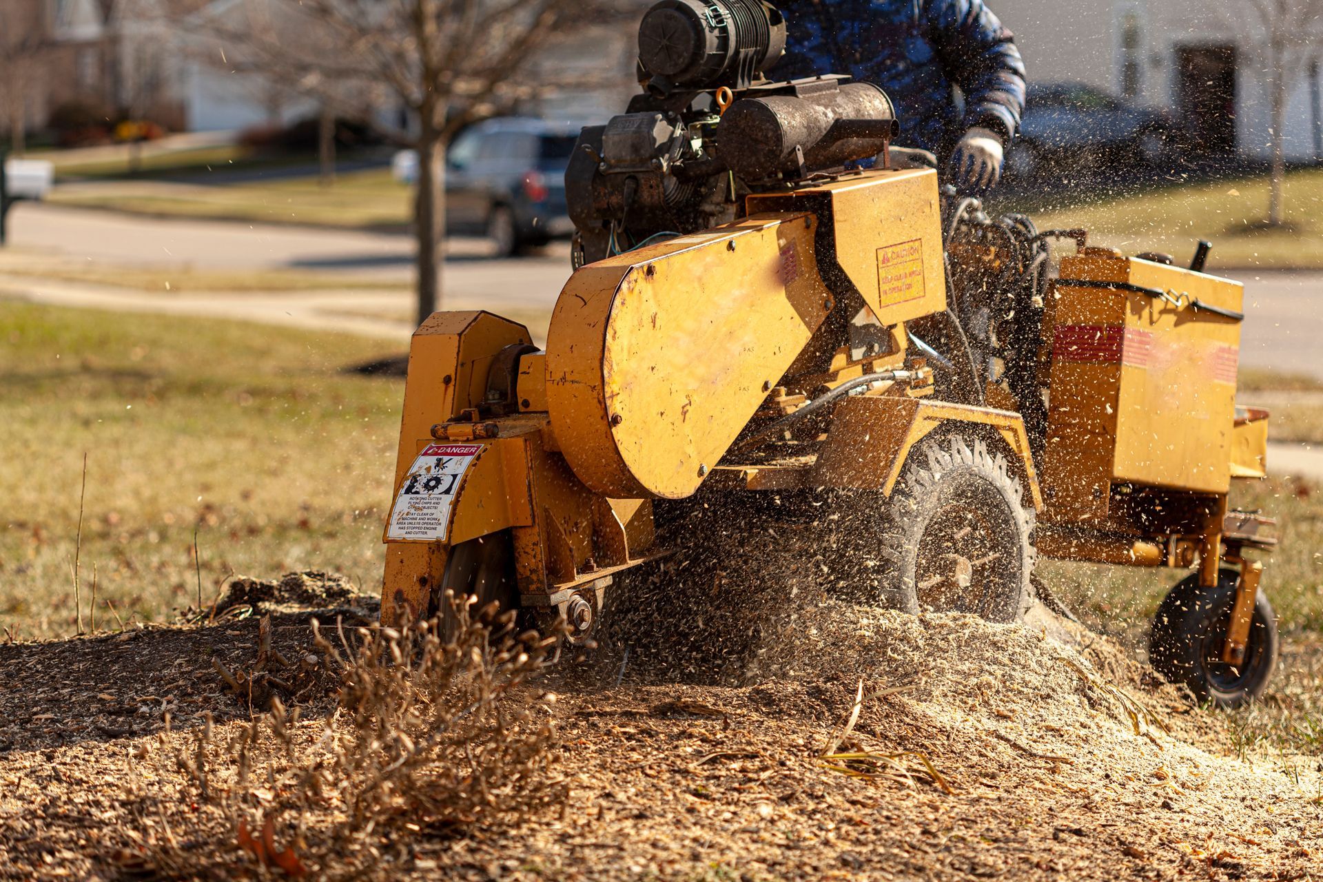 Yellow stump grinder in use, wood chips flying. 