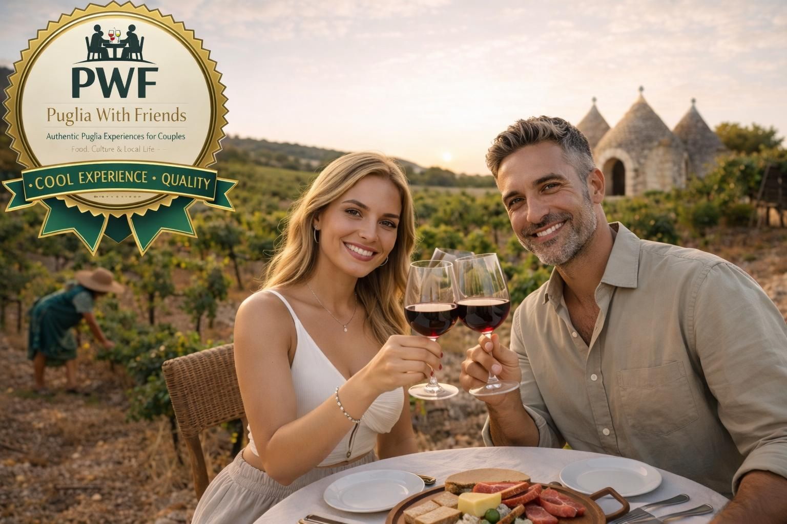couple enjoying authentic puglia experience with local hosts