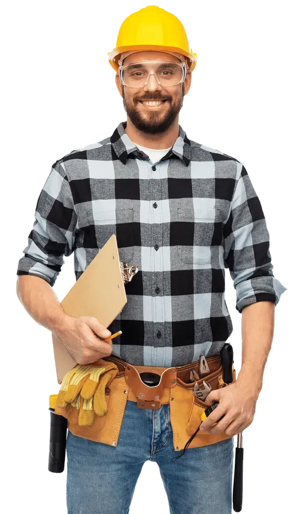 Smiling construction worker in yellow hard hat, plaid shirt, tool belt, holding clipboard