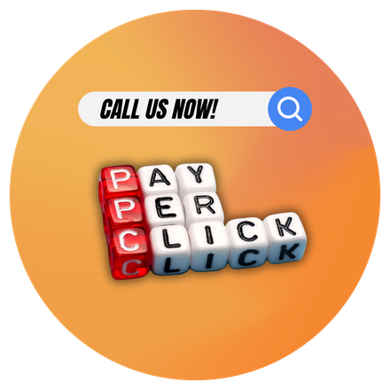 A circle with a search bar and dice that say pay per click