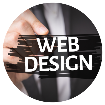 A man in a suit is pointing at the word web design