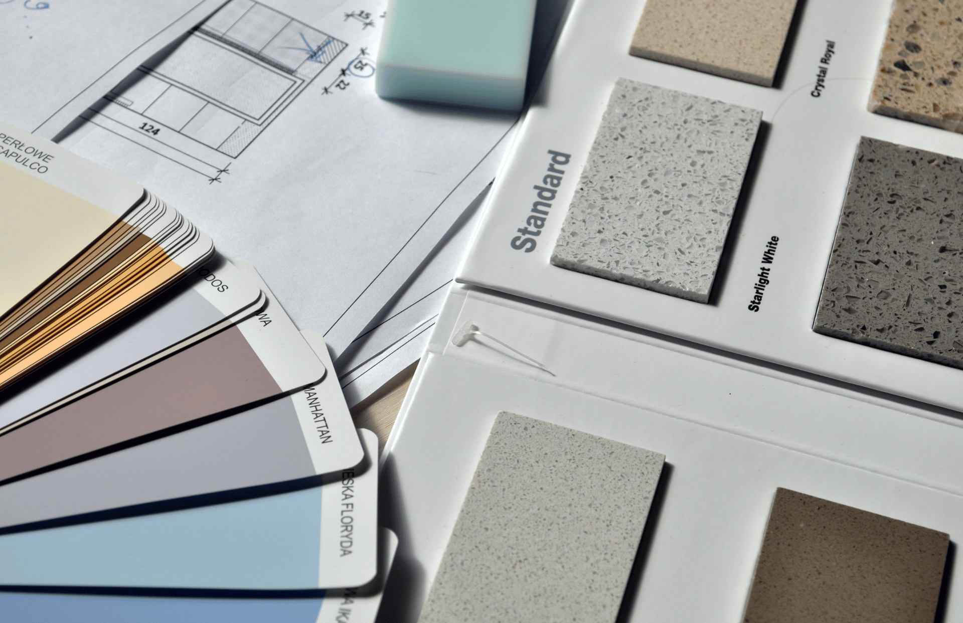 A bunch of samples of different colors are on a table