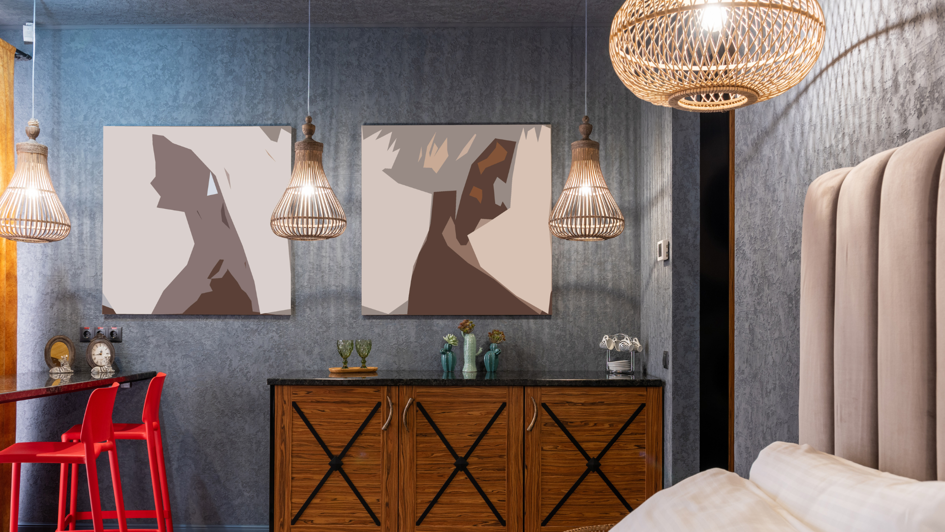 A bedroom with a bed , dresser , stools and paintings on the wall.