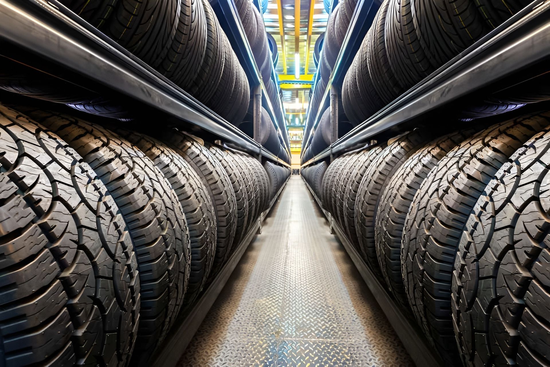 Rows of Black Tires Stacked on Metal Shelves in a Warehouse Setting — Innisfail Pro Motors in Tablelands, QLD