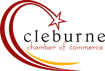 Cleburne Chamber of Commerce logo: red/gold swoosh around text