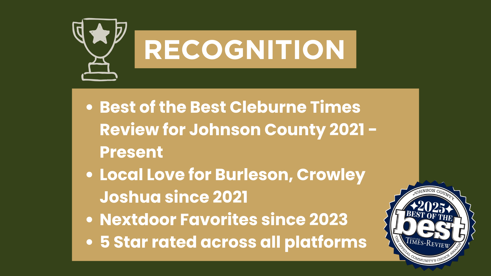 Recognition graphic with gold award banner and bullet list of local “best” honors for Burbeson, Crowley Joshua since 2021