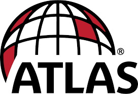 A black and red atlas logo with a globe in the middle